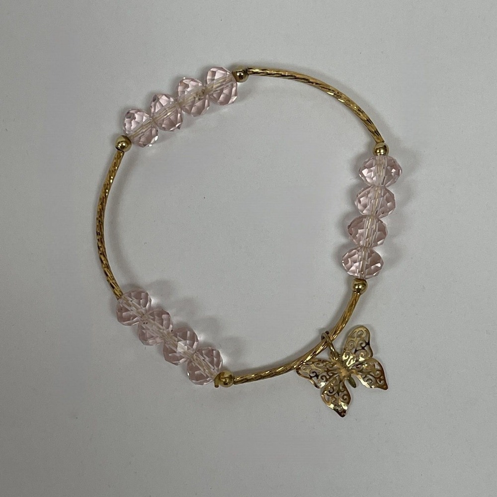 Gold Tone Pink Beads Beaded Butterfly Women's Fashion Stretch Bracelet